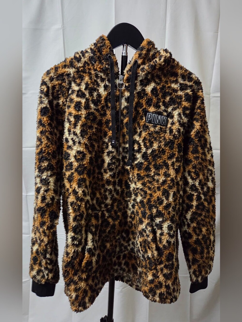 PINK Victoria's Secret Leopard Sherpa Half Zip Hoodie Pullover
